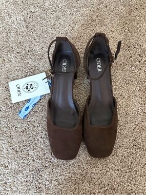 Cider Dark Brown Suede Square-Toe Ankle Strap Block Heels